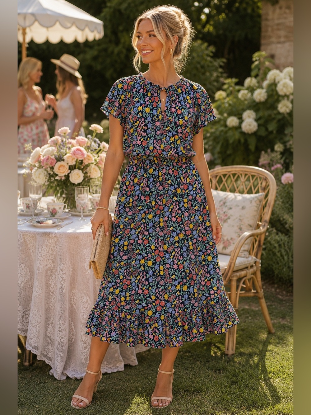 Talbots Garden Floral Midi Dress S M 4 6 8 Navy Viscose Smocked Cottagecore Boho